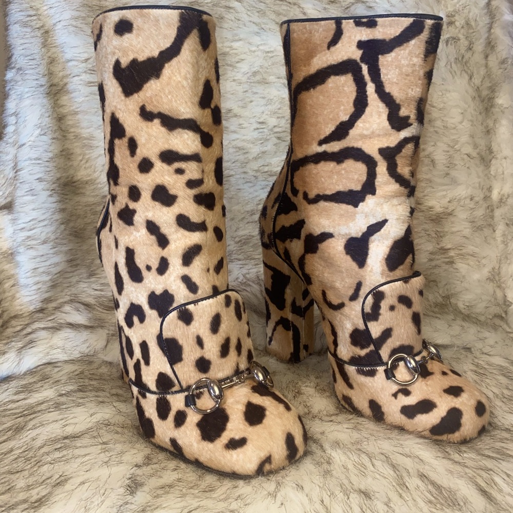 Gucci Lillian Horsebit Pony Hair Leopard Mid Calf Booties
